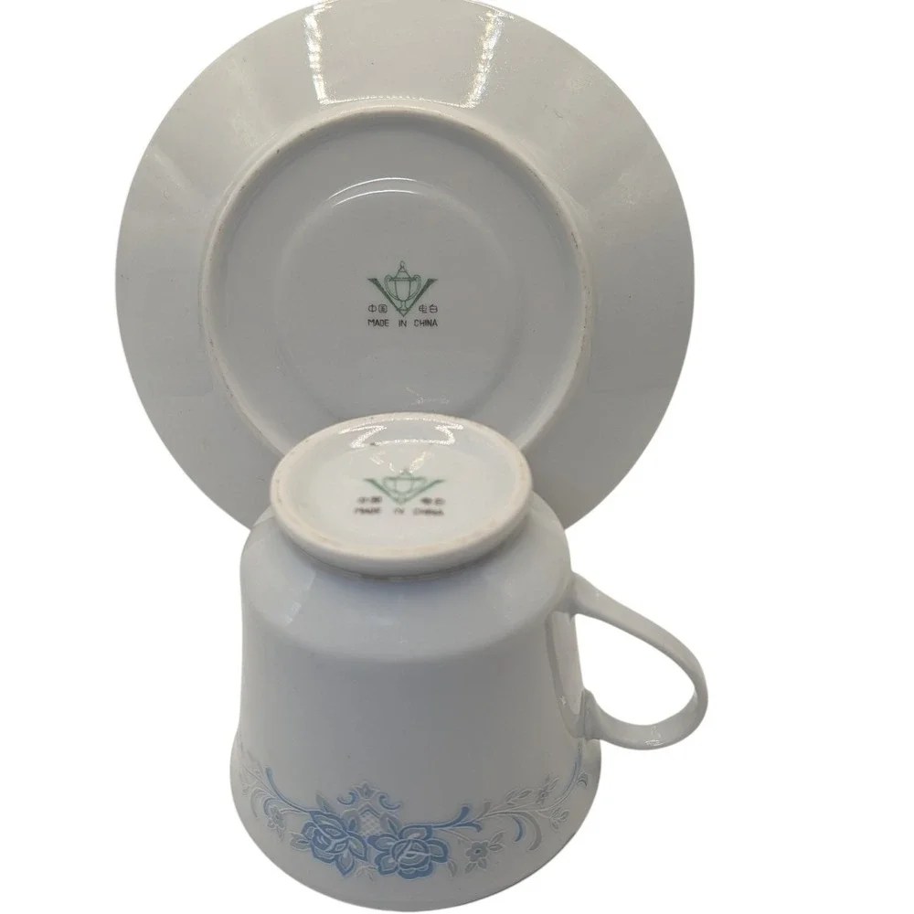 Vintage China‎ Teacup and Saucer Footed Blue and Gray Floral Platinum Edge
